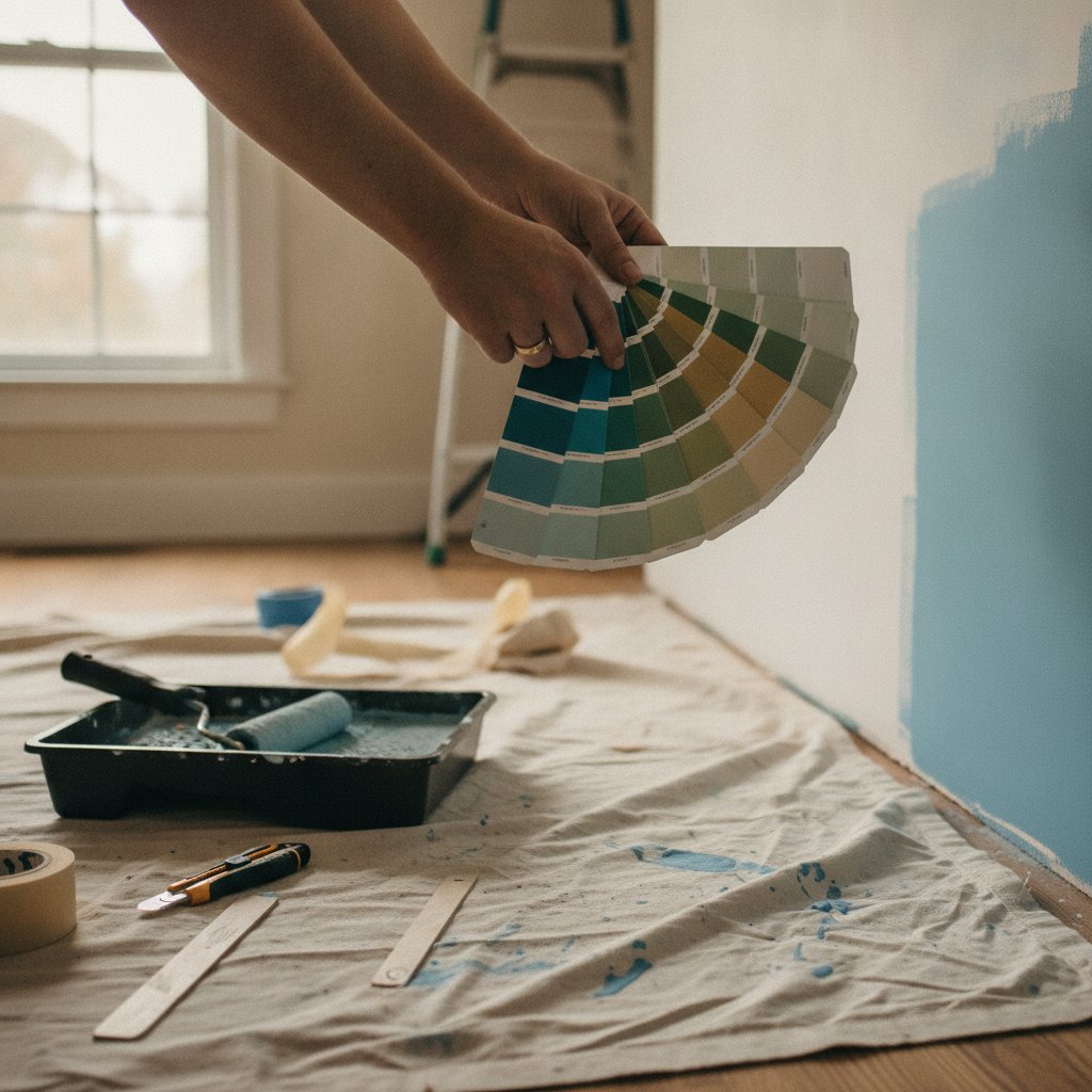 Idée peinture mur - nuancier et testeurs de couleurs devant un mur