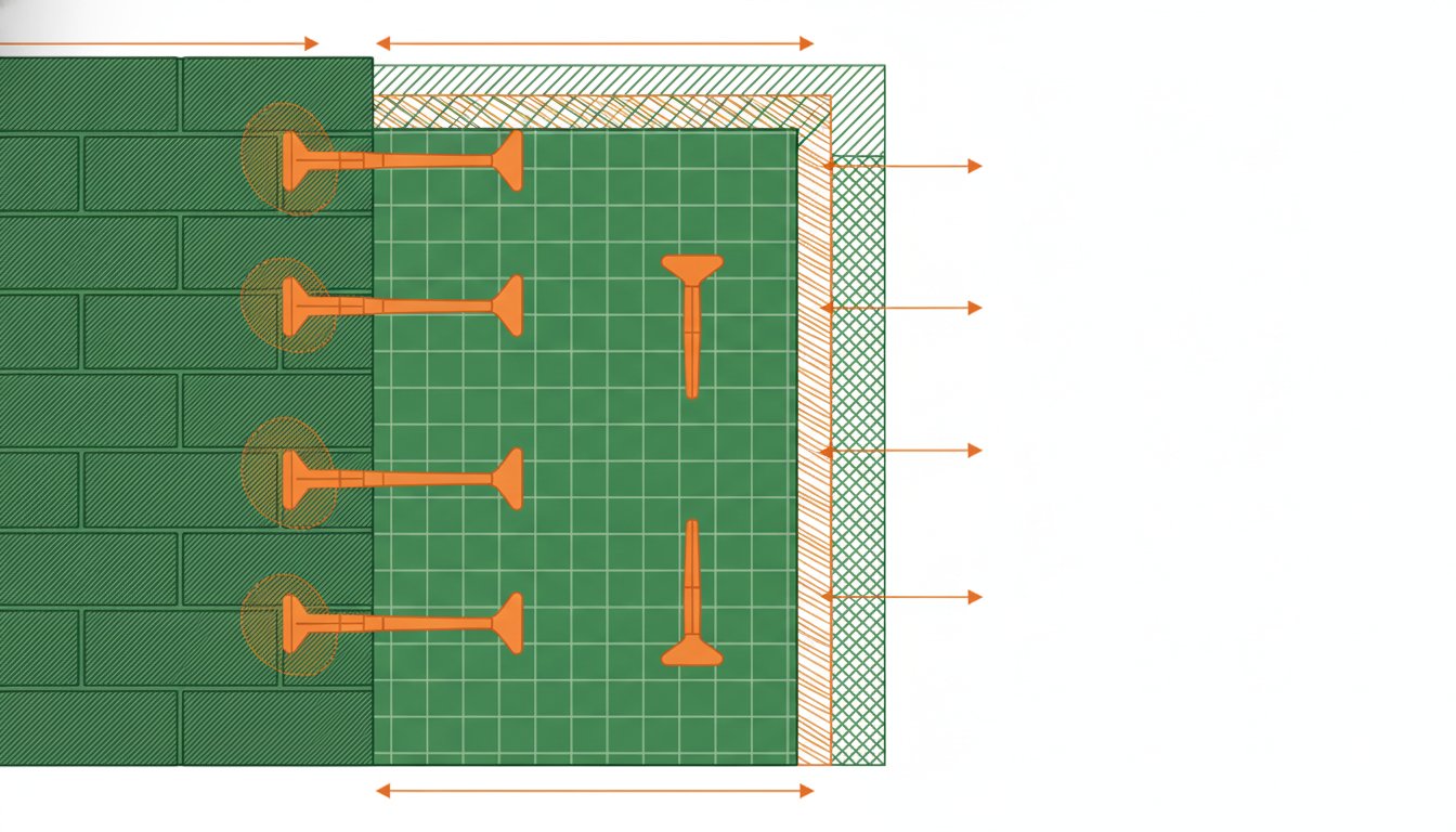 Isolation maison par l'extérieur - coupe détaillée d'une ITE sous enduit avec panneau isolant, chevilles et treillis