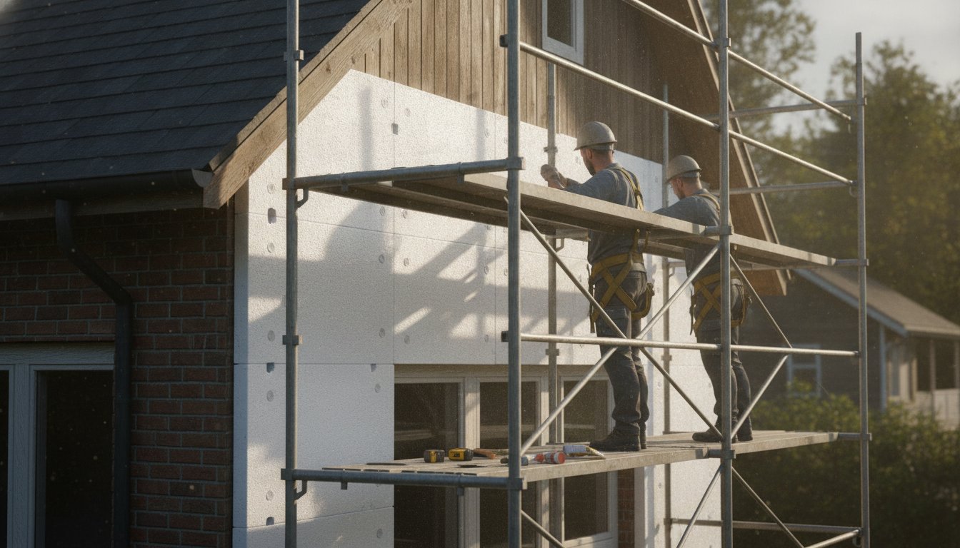 Isolation maison par l'extérieur - ouvriers posant des panneaux isolants sur la façade d'une maison depuis un échafaudage