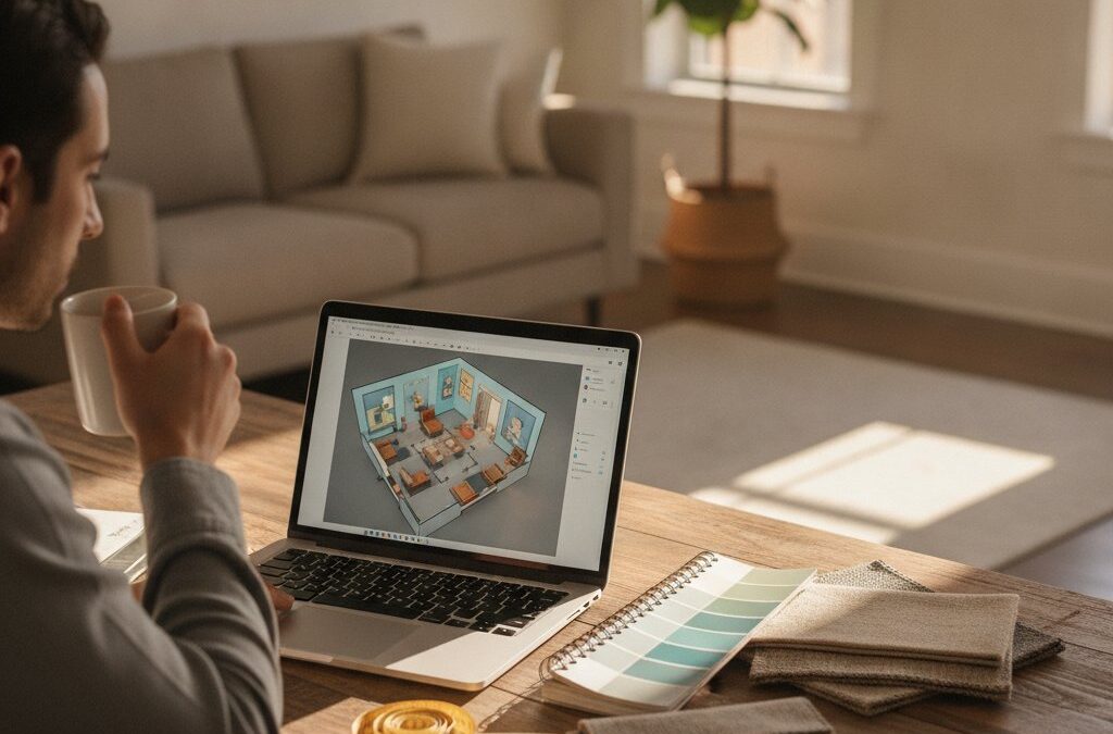 Logiciel decoration interieur gratuit - conception 3D d un salon sur ordinateur