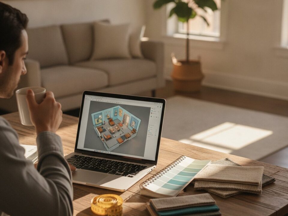 Logiciel decoration interieur gratuit - conception 3D d un salon sur ordinateur