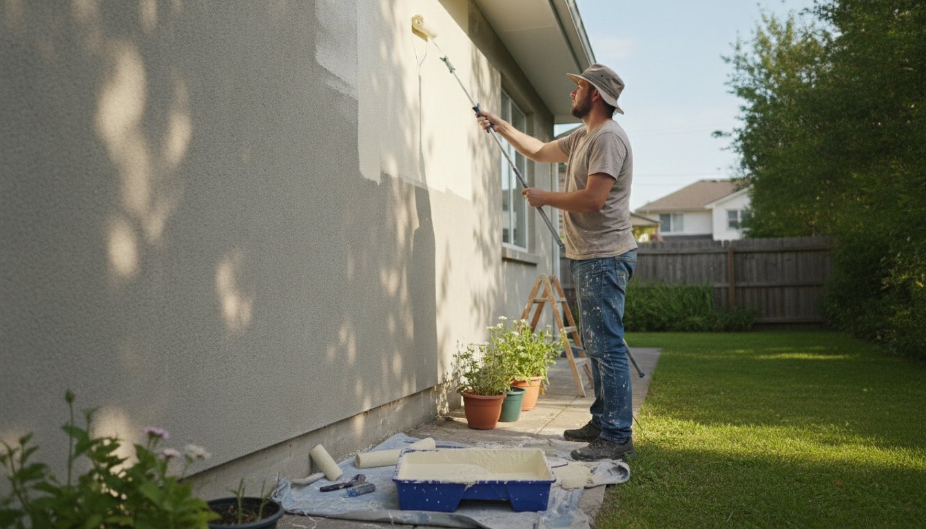 Peinture mur beton exterieur - application au rouleau sur un mur de facade