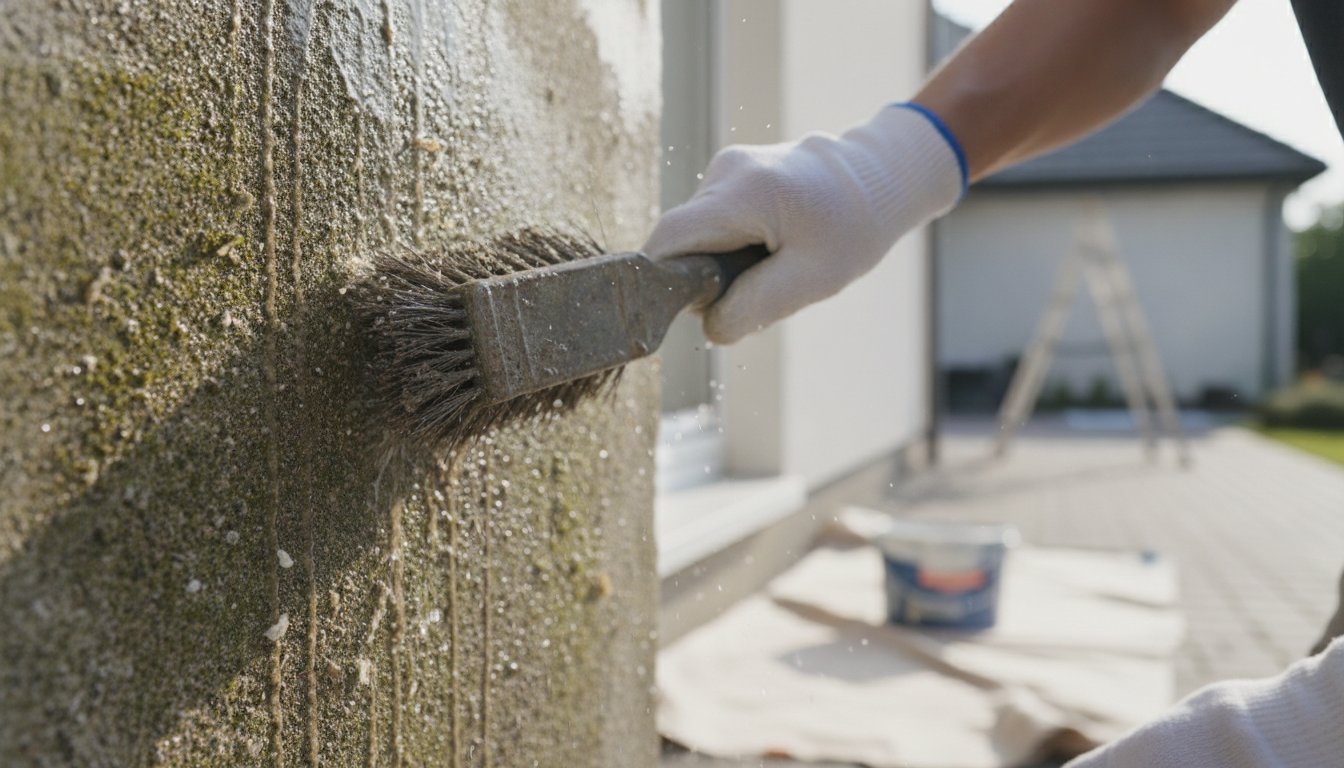 Peinture mur beton exterieur - nettoyage et brossage du mur avant peinture