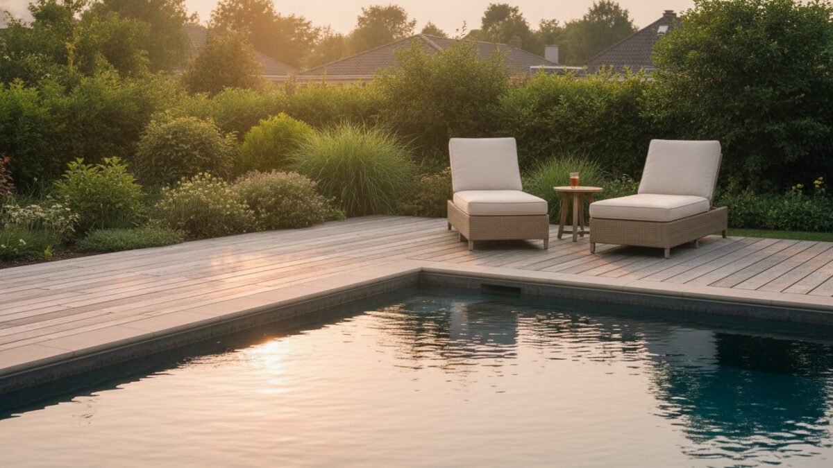 Piscine et aménagement extérieur - abords paysagers avec terrasse bois et végétation