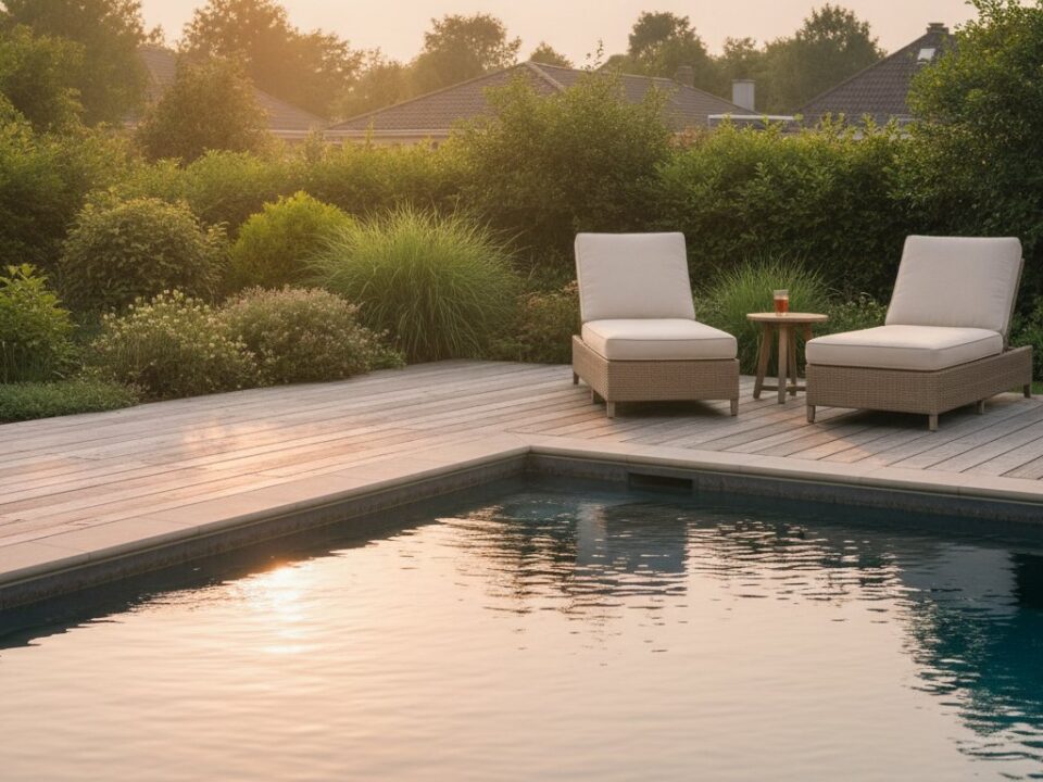 Piscine et aménagement extérieur - abords paysagers avec terrasse bois et végétation