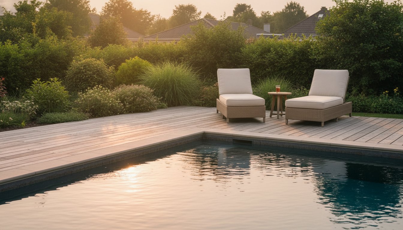 Piscine et aménagement extérieur - abords paysagers avec terrasse bois et végétation