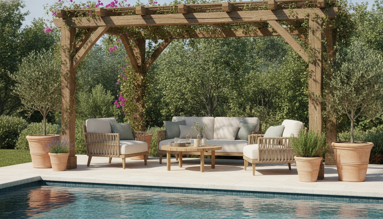 Piscine et aménagement extérieur - coin détente avec pergola et mobilier