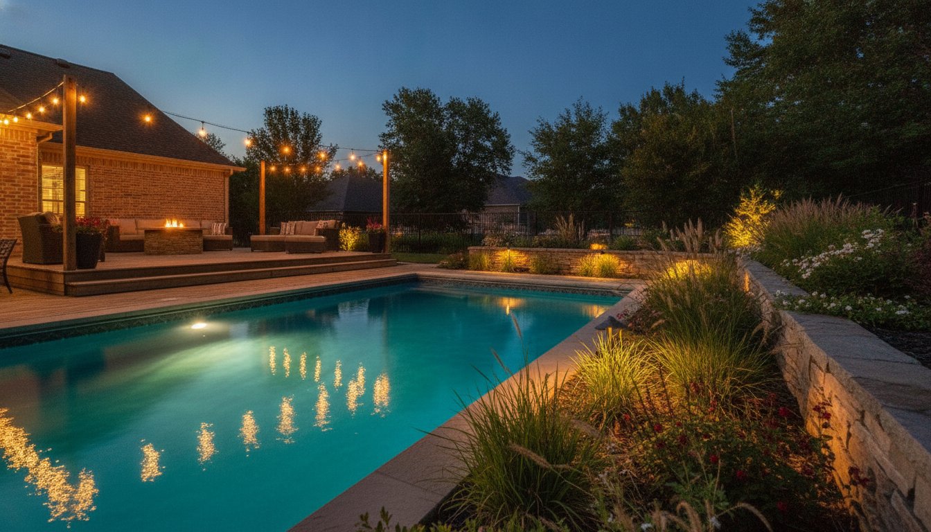 Piscine et aménagement extérieur - éclairage LED ambiance soirée au crépuscule