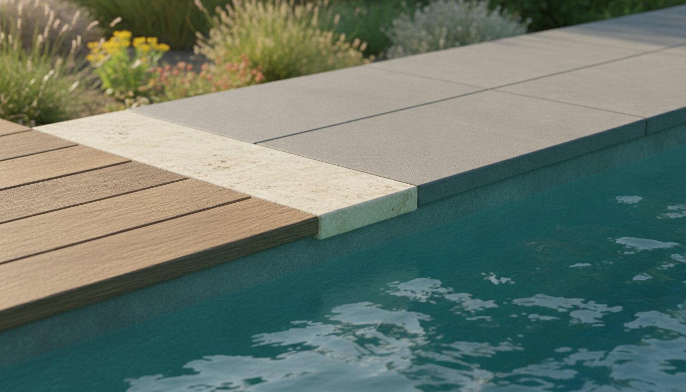 Piscine et aménagement extérieur - matériaux de plage bois pierre et béton