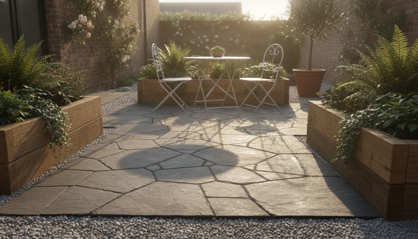 Aménagement extérieur cour - patio avec dallage et plantes en pot