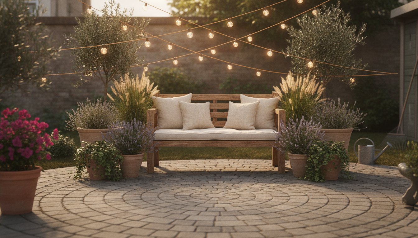 Aménagement extérieur cour - patio terminé avec éclairage et mobilier