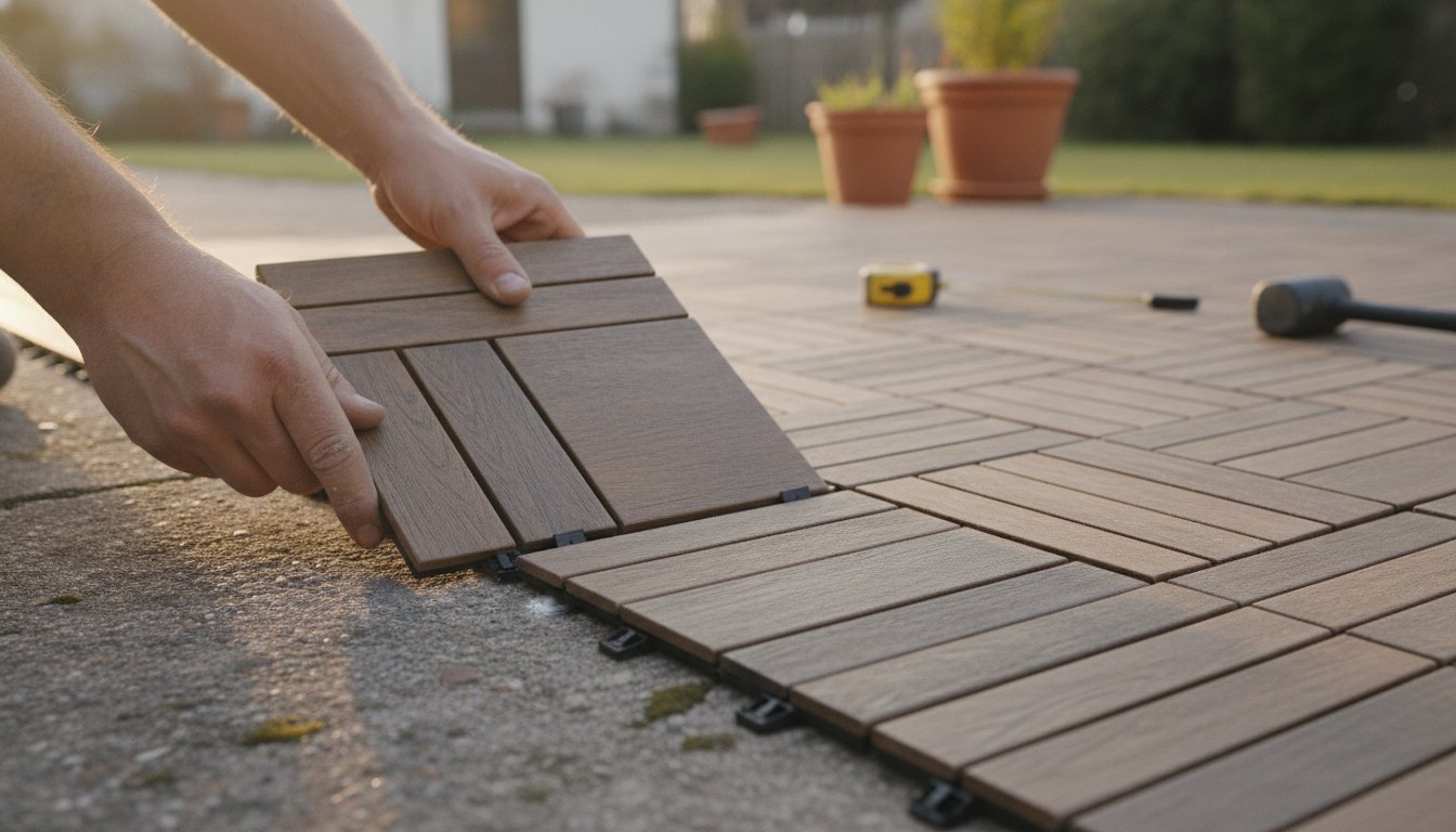amenagement exterieur simple - pose de dalles bois clipsables sur une terrasse