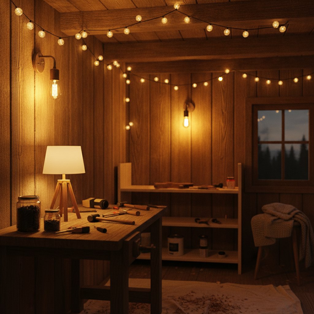 Aménagement intérieur cabane en bois - éclairage chaleureux en couches avec guirlande et lampe