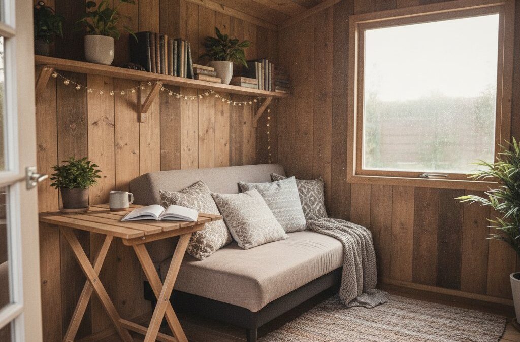 Amenagement interieur cabane en bois - interieur cosy avec canape, table pliante et etageres