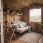 Amenagement interieur cabane en bois - interieur cosy avec canape, table pliante et etageres
