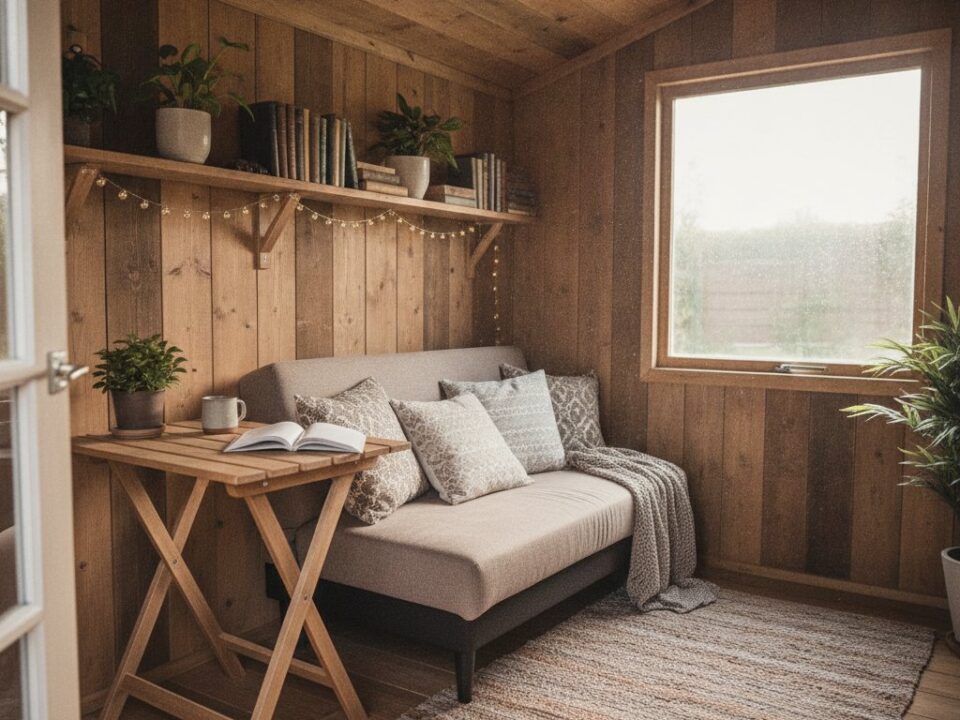 Amenagement interieur cabane en bois - interieur cosy avec canape, table pliante et etageres