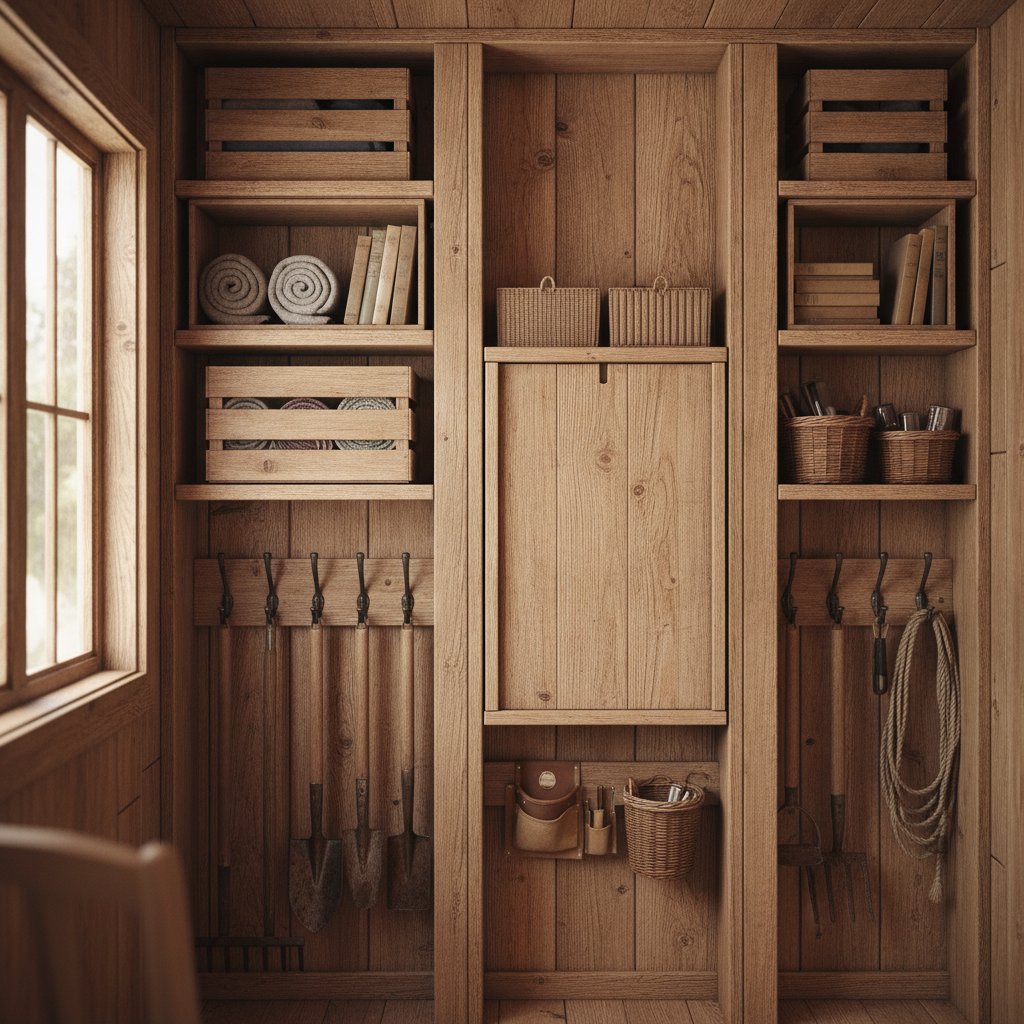 Aménagement intérieur cabane en bois - rangement vertical avec étagères et crochets muraux