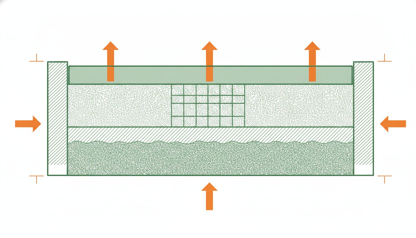 Dalle béton - coupe technique montrant les couches de gravier, film polyane, treillis soudé et béton