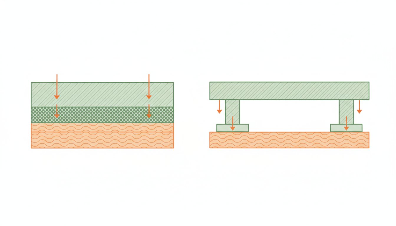 Dalle béton - comparaison schématique entre dallage sur terre-plein et dalle portée