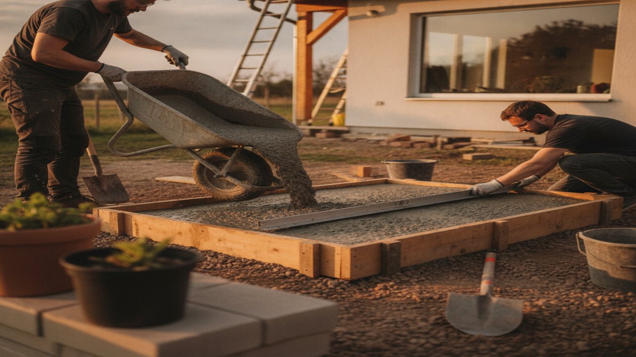 faire dalle beton - coulage et tirage à la règle du béton frais