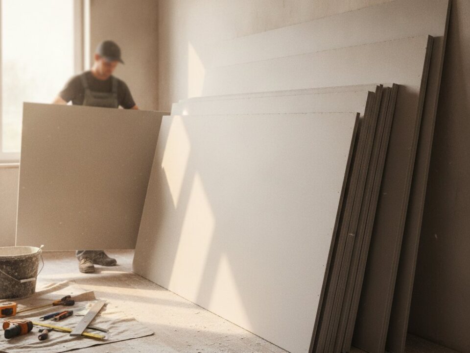 Prix d une plaque de placo - plaques BA13 empilees sur un chantier de renovation