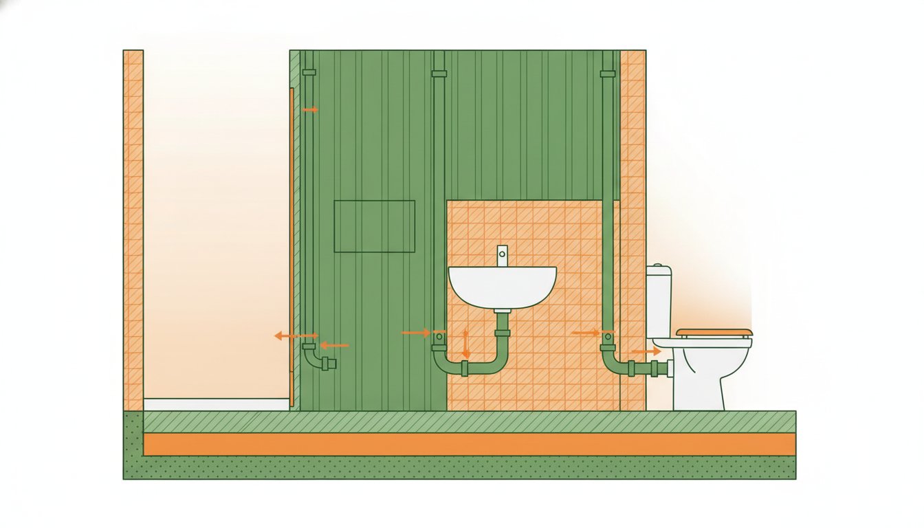 Schéma plomberie maison - coupe d'une salle de bain avec tuyaux encastrés et trappe de visite