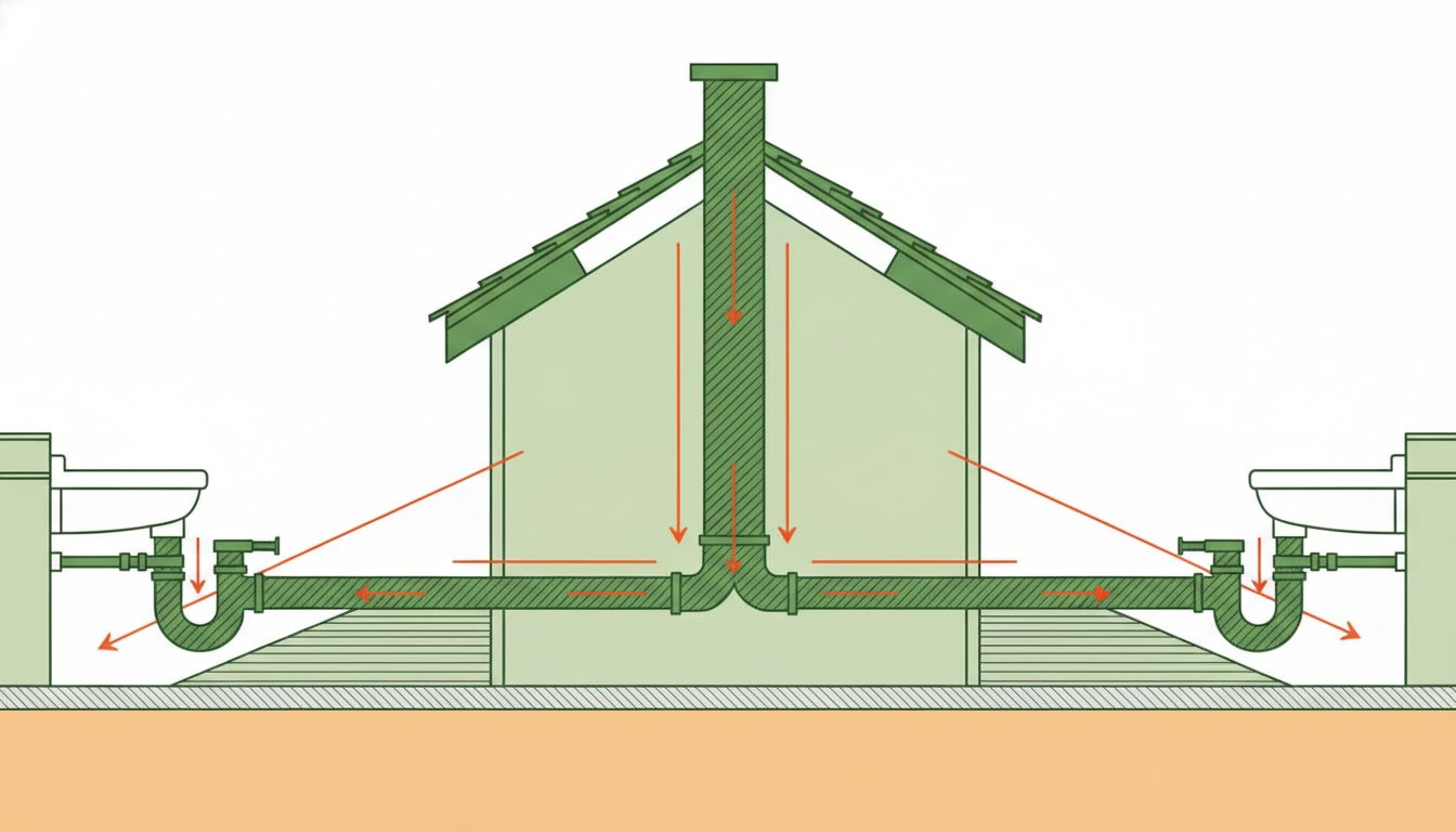 Schéma plomberie maison - réseau d'évacuation des eaux usées avec pentes et colonne de ventilation