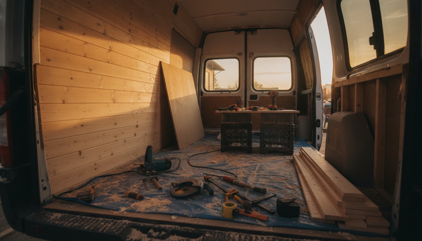 Aménagement intérieur camping car - fourgon en cours de rénovation avec habillage bois