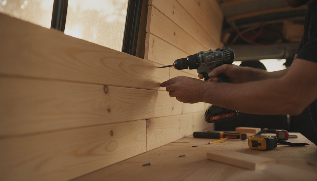Aménagement intérieur camping car - pose de l'habillage bois sur une paroi de fourgon