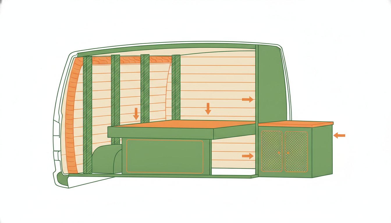 Aménagement intérieur camping car - schéma en coupe de l'isolation et de l'habillage bois d'un fourgon