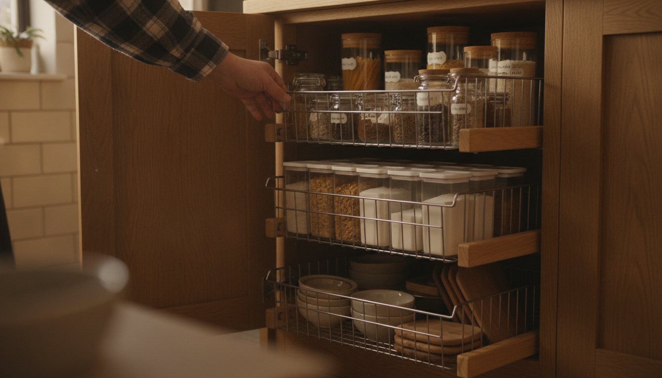 Aménagement intérieur placard cuisine avec paniers coulissants et bocaux rangés