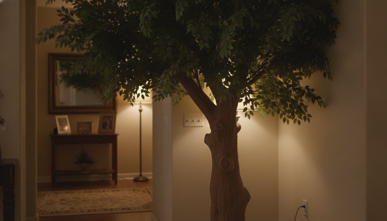 Arbre décoration intérieur artificiel réaliste dans une pièce sombre sans entretien