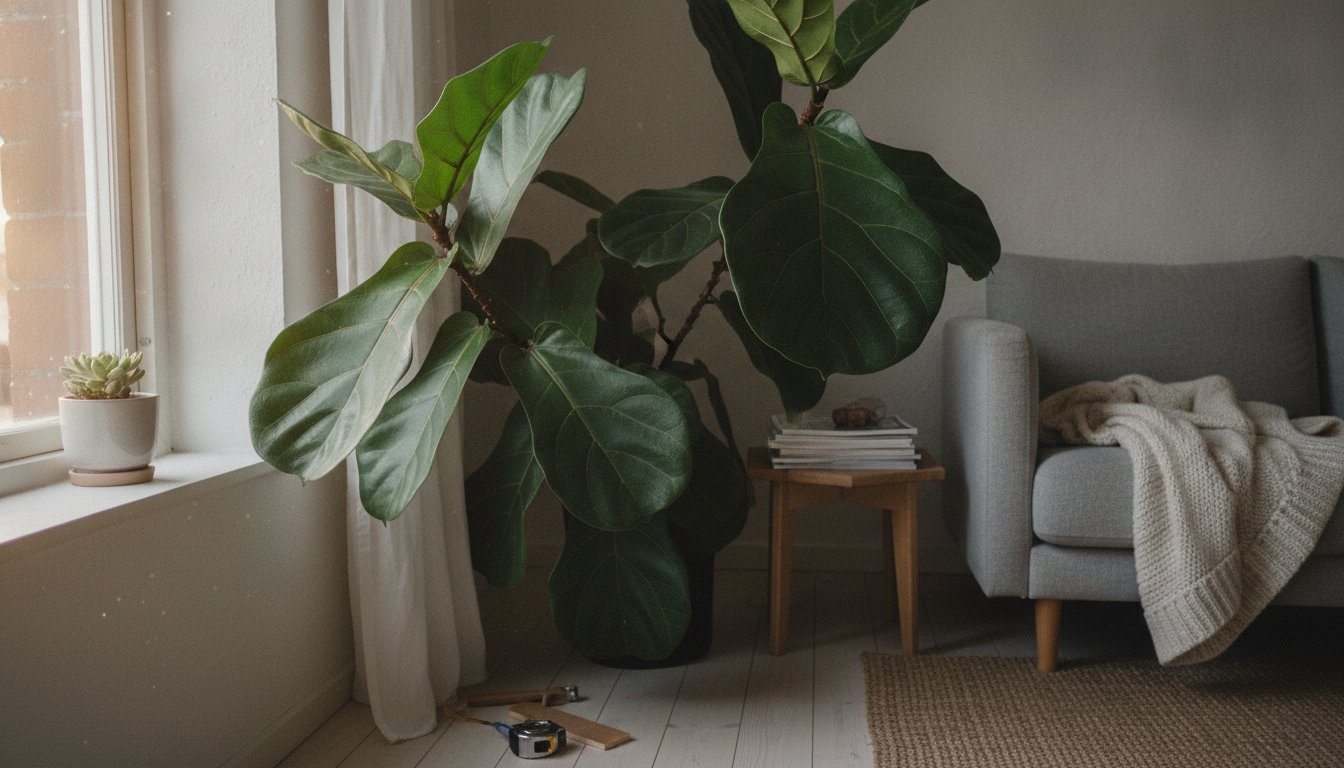 Arbre décoration intérieur ficus lyrata près d'une fenêtre dans un salon