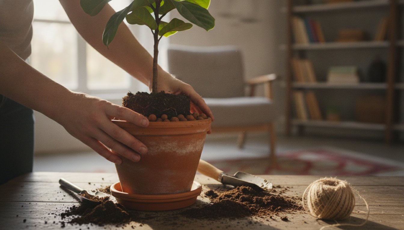 Rempotage d'un arbre décoration intérieur avec terreau et billes d'argile