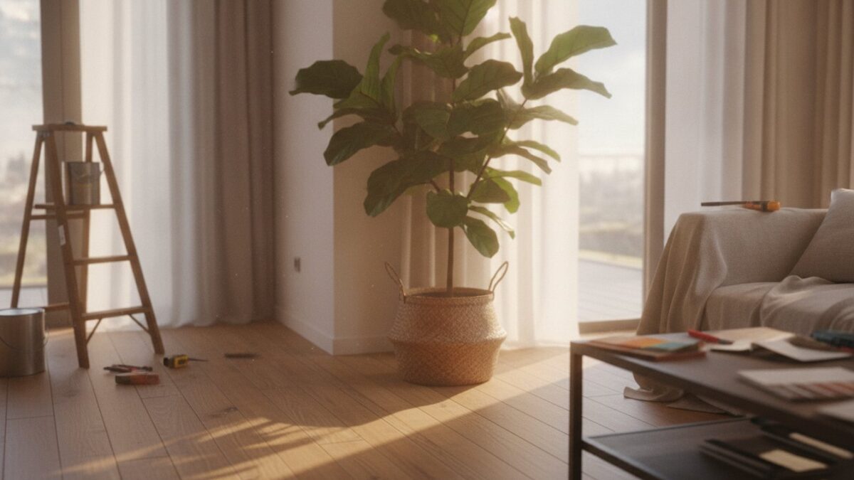 Arbre decoration interieur ficus lyrata dans un salon lumineux