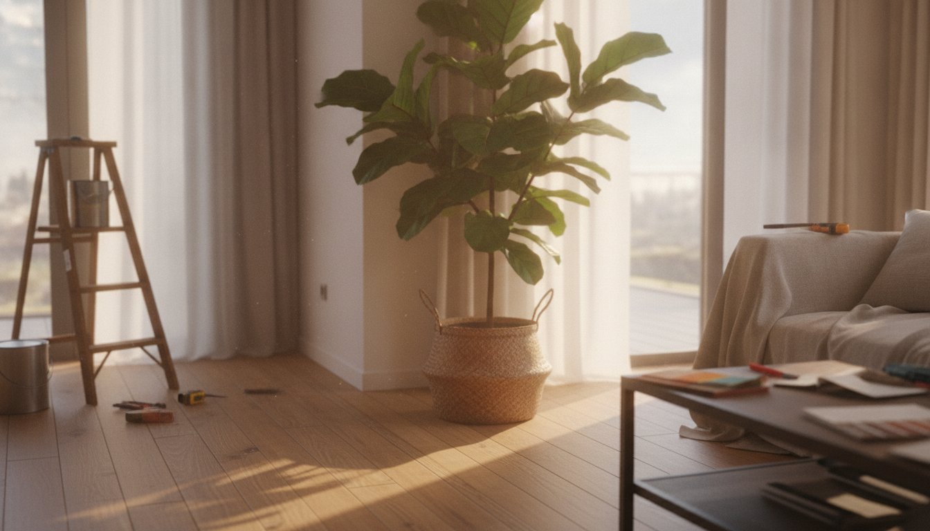 Arbre décoration intérieur dans un salon lumineux avec cache-pot en fibre naturelle