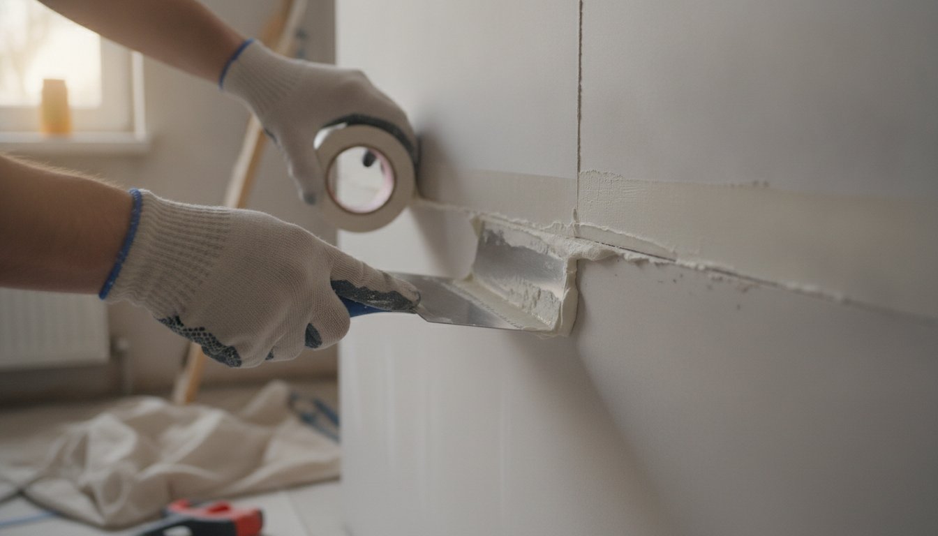 Bande placo - pose d'une bande à joint au couteau sur une plaque de plâtre