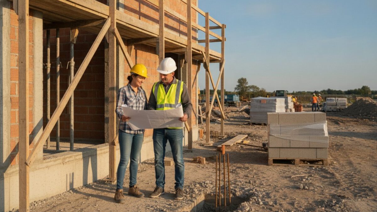 Constructeur gros oeuvre - chantier avec fondations et murs en cours delevation
