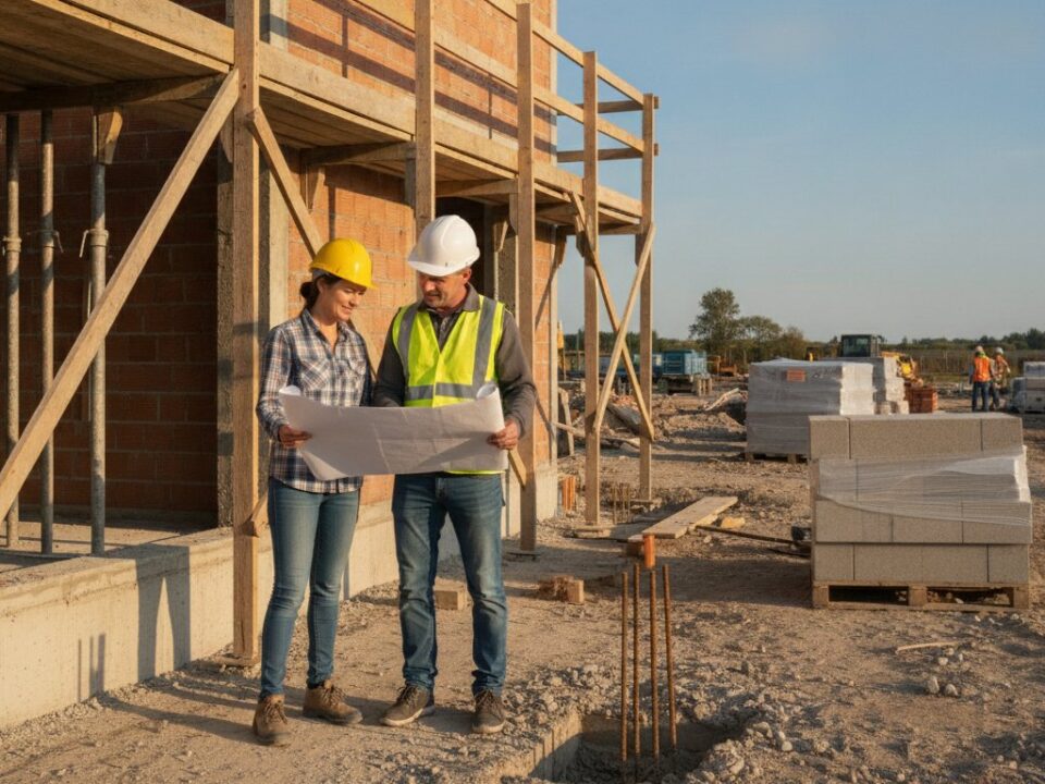 Constructeur gros oeuvre - chantier avec fondations et murs en cours delevation