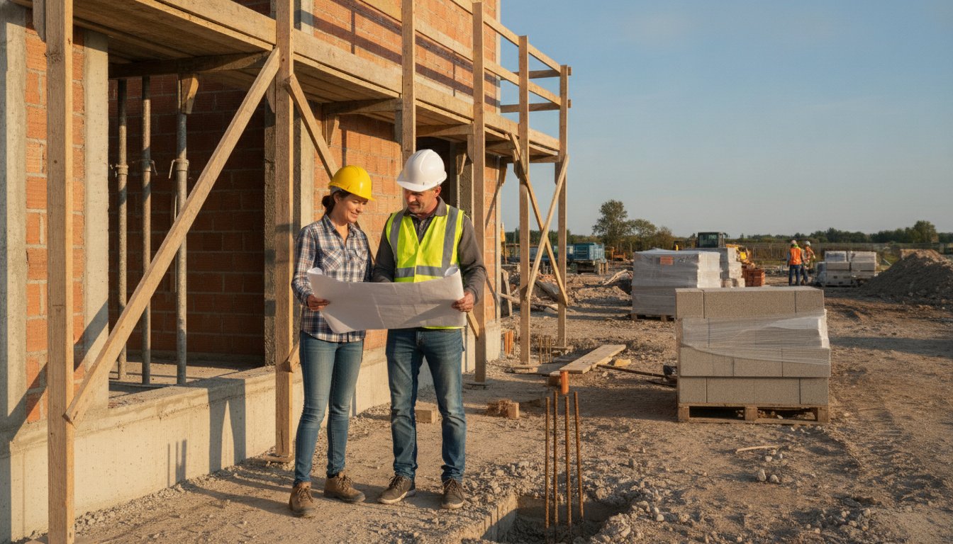 Constructeur gros oeuvre - chantier de construction avec fondations et murs en cours d'élévation