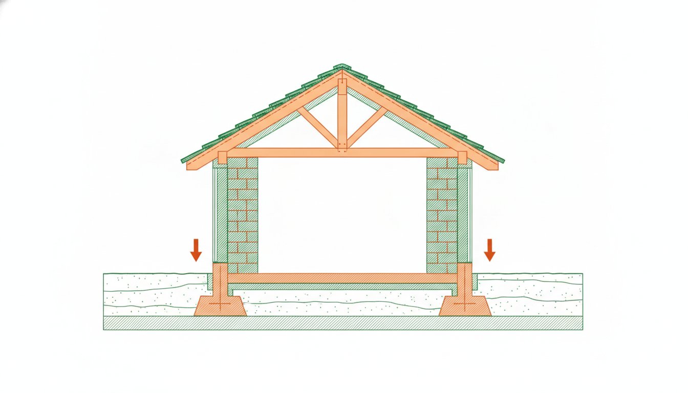 Constructeur gros oeuvre - schéma technique de la structure d'une maison avec fondations et charpente