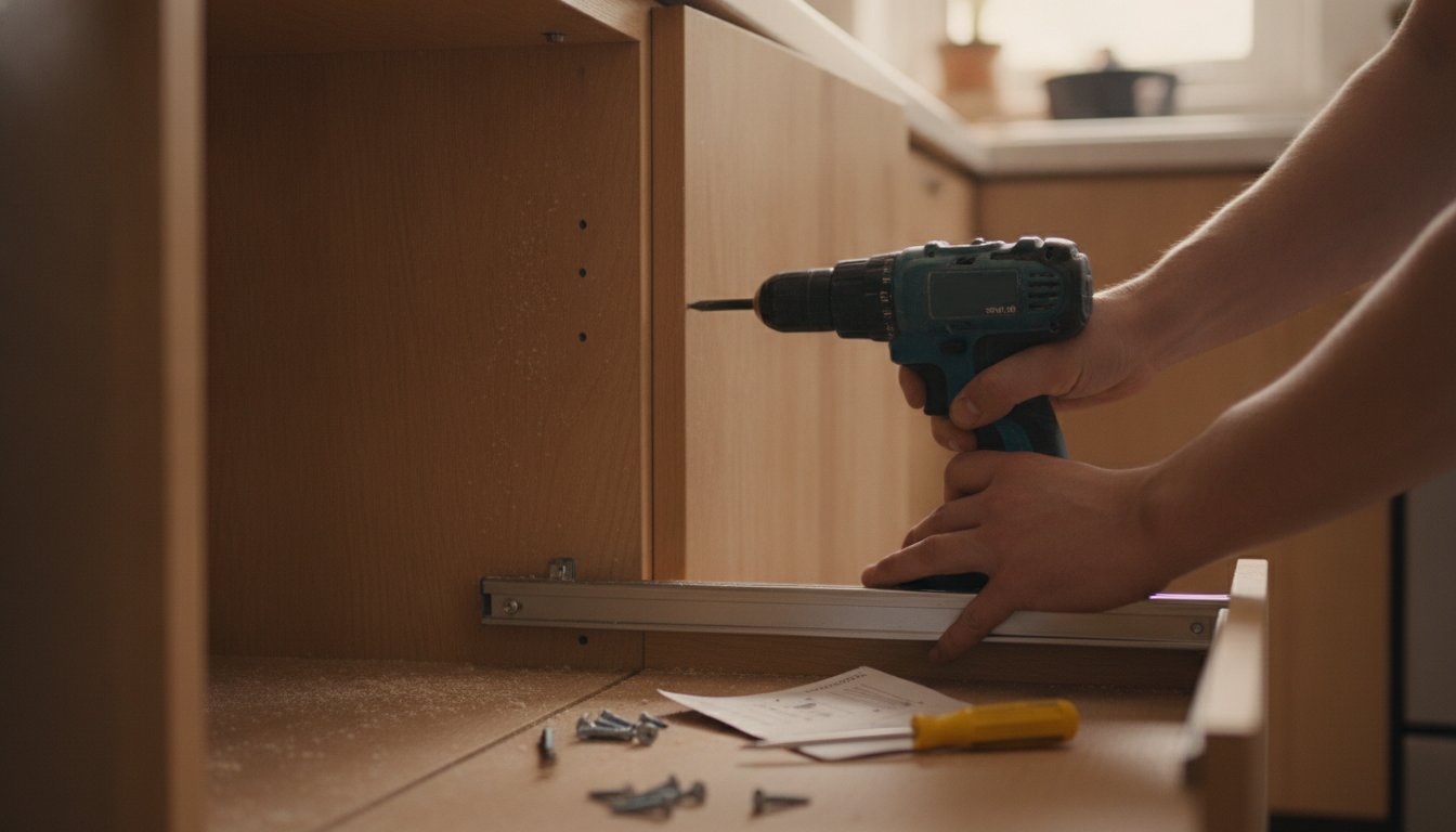 Installation d'un rangement coulissant dans un placard de cuisine
