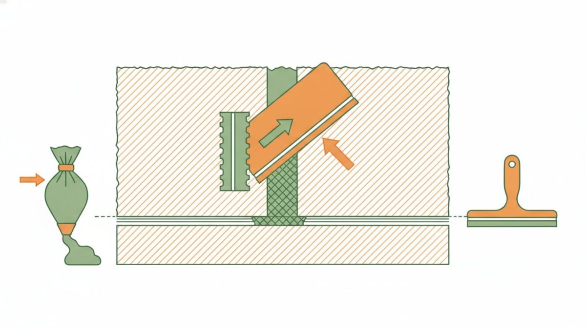 Joint pour carrelage sol - application du mortier a la spatule caoutchouc