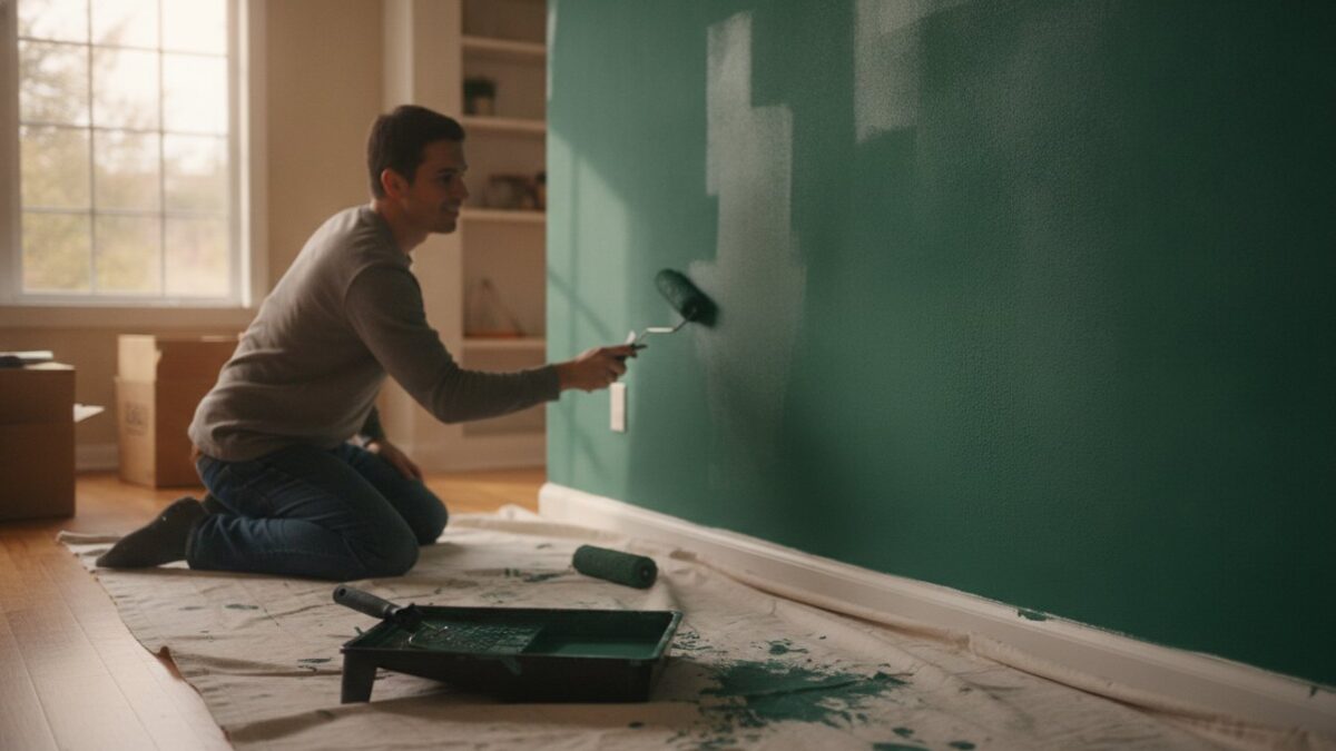 Peinture mur au rouleau dans une piece lumineuse