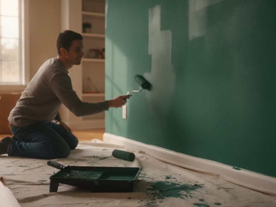 Peinture mur au rouleau dans une piece lumineuse