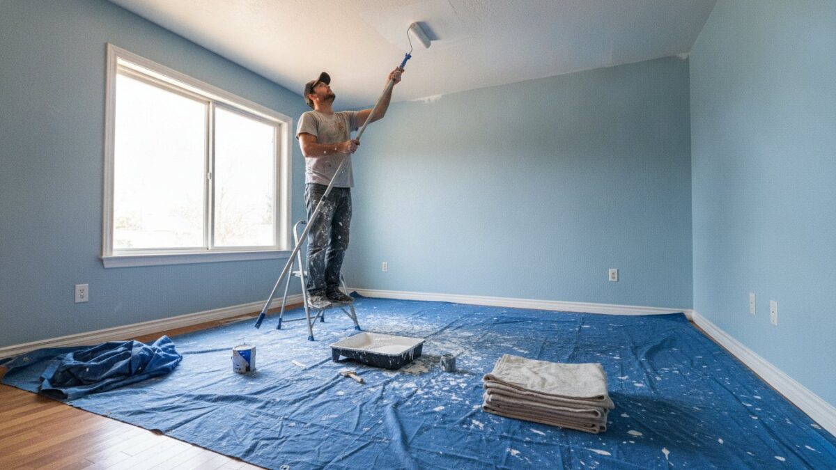 Peinture mur plafond : bricoleur peignant un plafond au rouleau avec manche télescopique