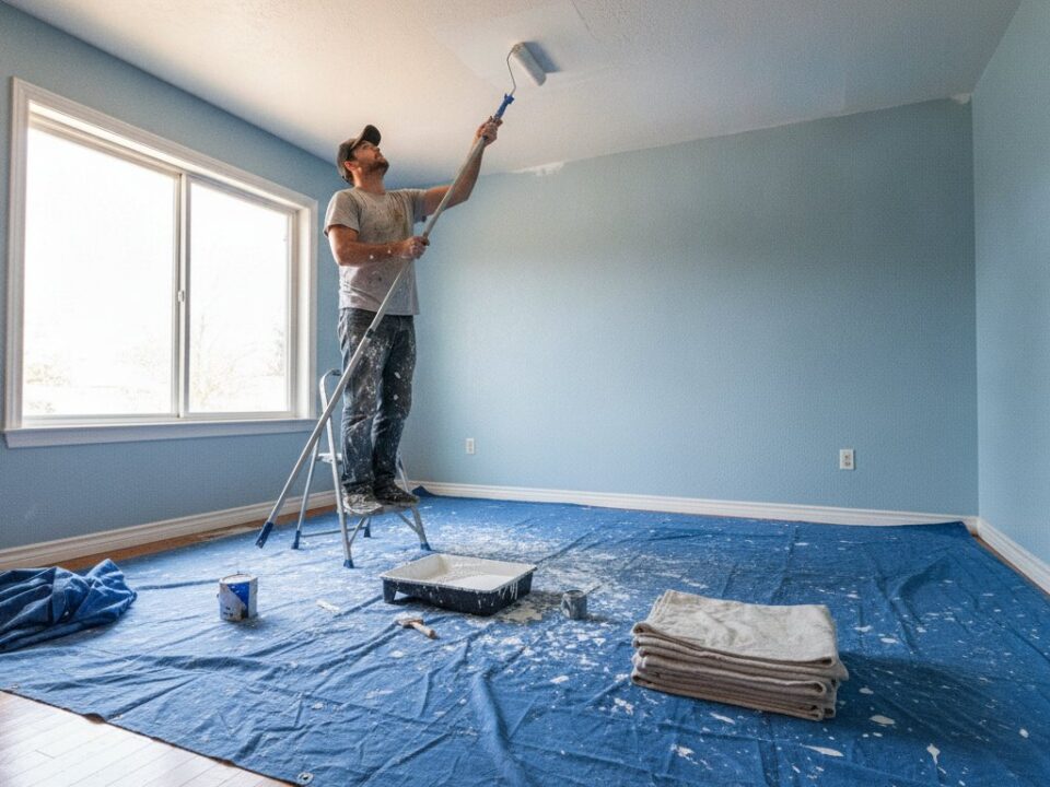 Peinture mur plafond : bricoleur peignant un plafond au rouleau avec manche télescopique