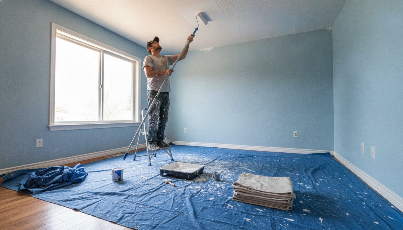Peinture mur plafond : bricoleur peignant un plafond au rouleau avec manche télescopique