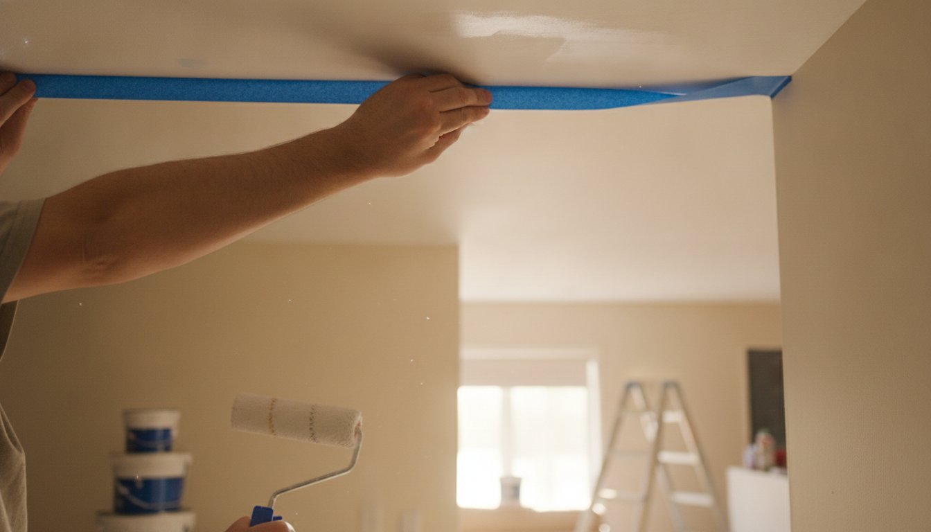 Peinture mur plafond : protection de la jonction avec du ruban de masquage avant peinture