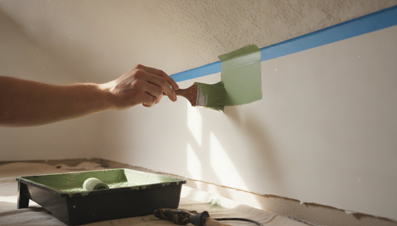 Rechampi au pinceau avant peinture mur au rouleau